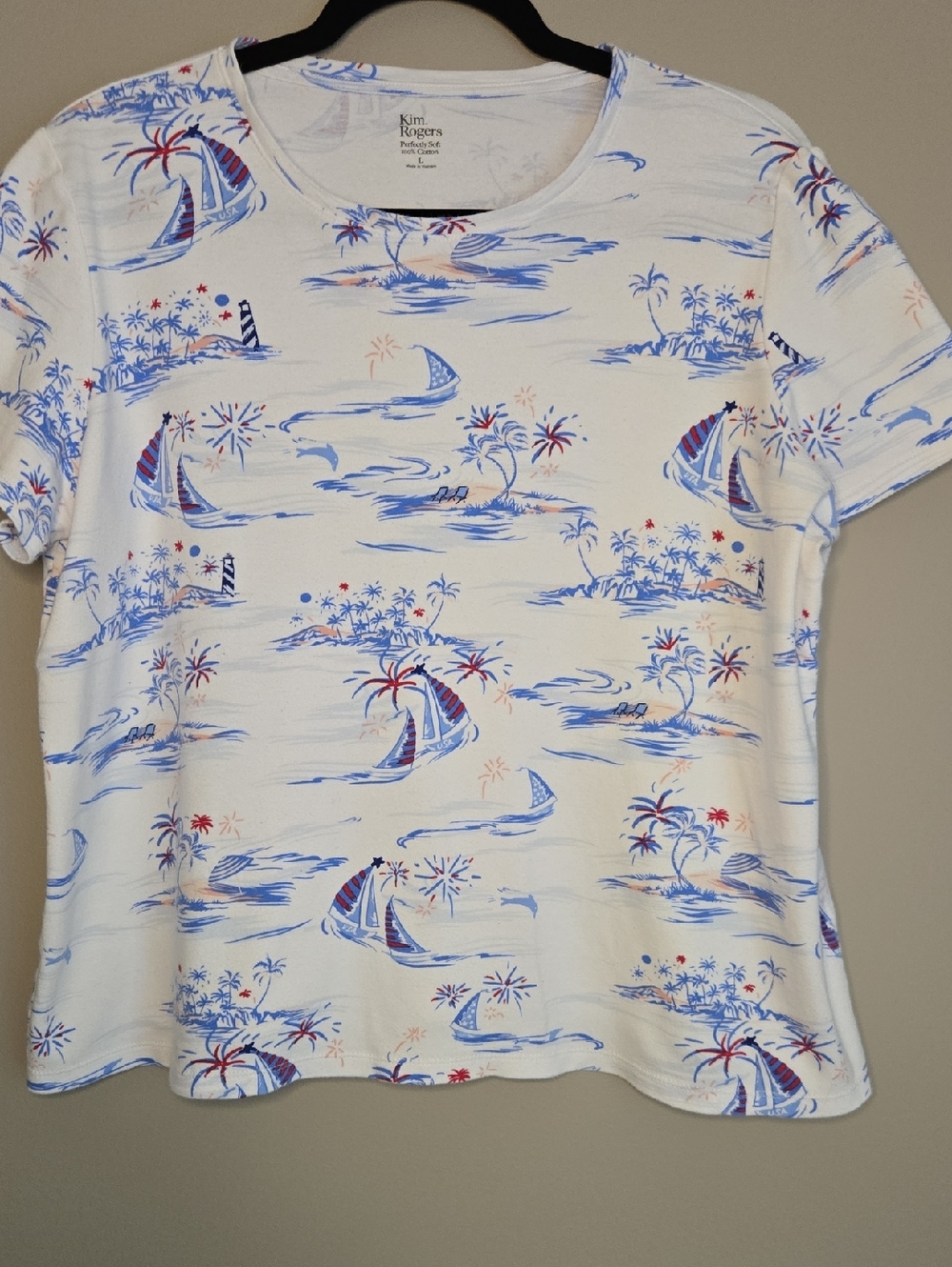 Kim Rogers White Tee with Blue and Red Sailboat Print Patriotic USA 4th of July